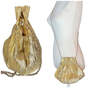 Vintage 80s Vanessa Metallic Gold Purse Long Chain Kiss Lock Evening Puff Pouch
